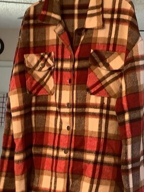 Plaid Button-Front Shacket in Red, Brown & Cream